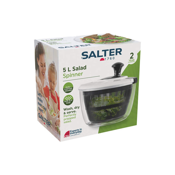 Salter 5 litre salad spinner packaging showing product photo and key features
