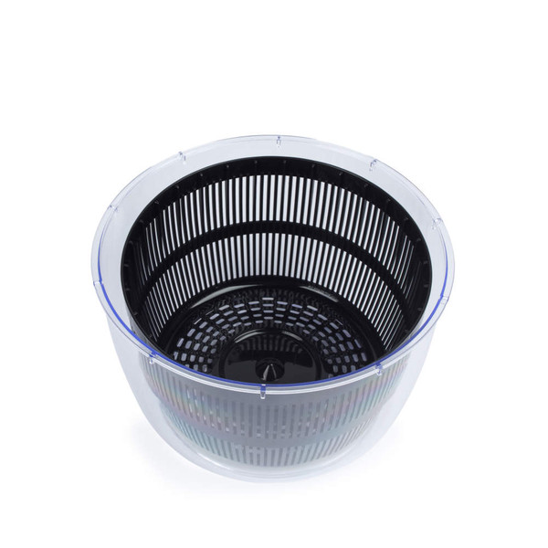 Black and clear salad spinner basket, shown empty from above
