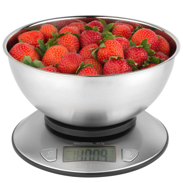 Digital kitchen scale with stainless steel bowl filled with fresh strawberries
