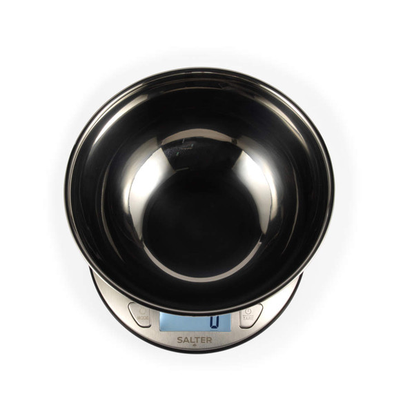 Digital kitchen scale with black mixing bowl and LCD display showing zero