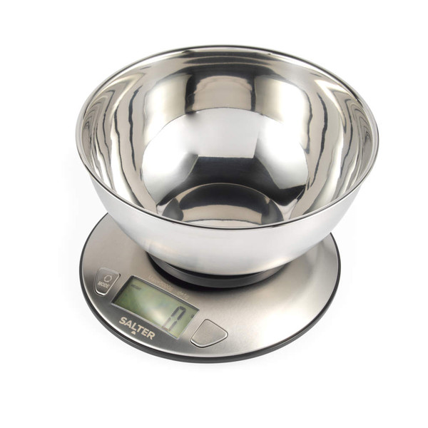 Stainless steel digital kitchen scale with detachable mixing bowl, display shows zero