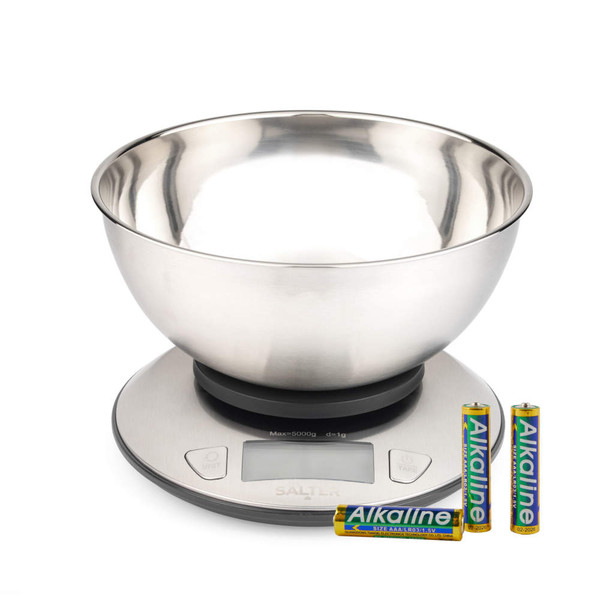 Stainless steel digital kitchen scale with mixing bowl and three AAA batteries included.