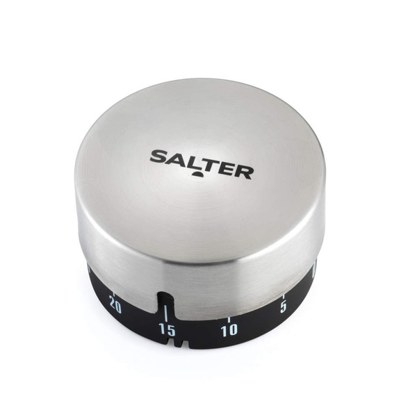 Stainless steel mechanical kitchen timer with Salter logo, dial set to 15 minutes