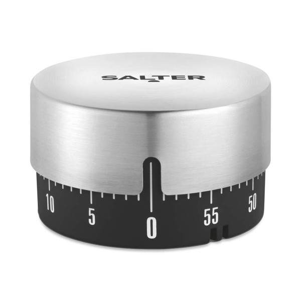Silver mechanical kitchen timer with black dial, showing numbers in white