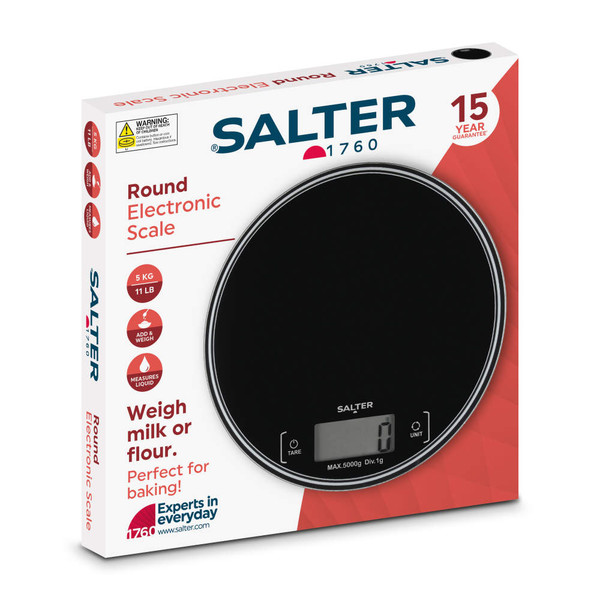 Salter round black electronic kitchen scale in packaging, 5kg max capacity.