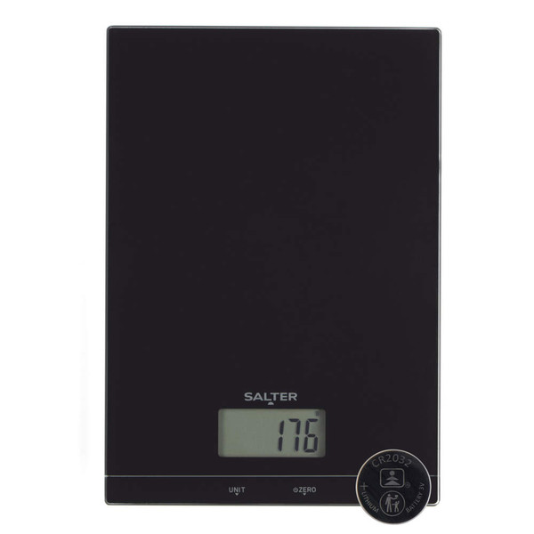 Black digital kitchen scale with clear LCD display, showing 176 grams.