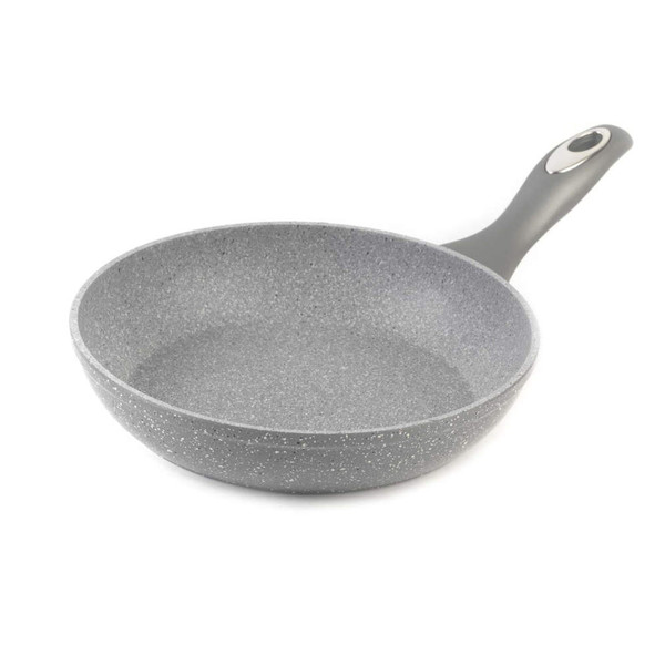 Grey stone-effect frying pan with non-stick coating and black handle, angled side view