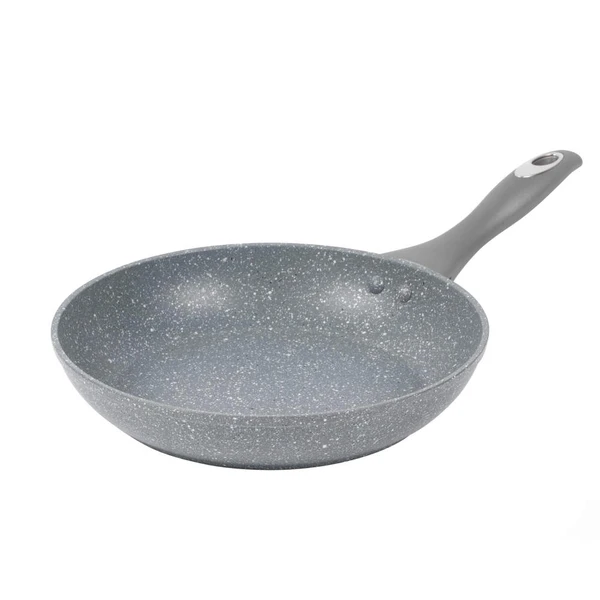 Grey non-stick frying pan with speckled finish, shown at an angle on white background