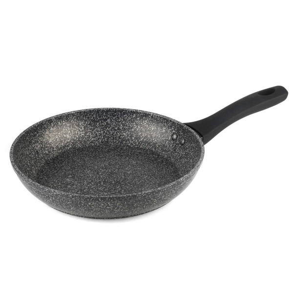 Grey stone-effect frying pan with black handle, shown from above on white background