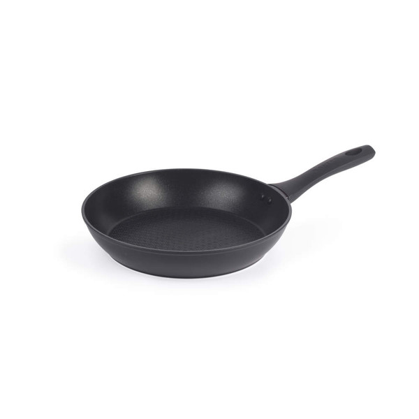 Black non-stick frying pan with handle, shown on white background