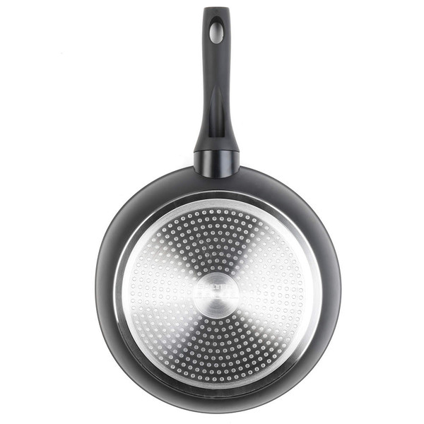 Non-stick frying pan, black handle, base with steel induction plate, shown from below