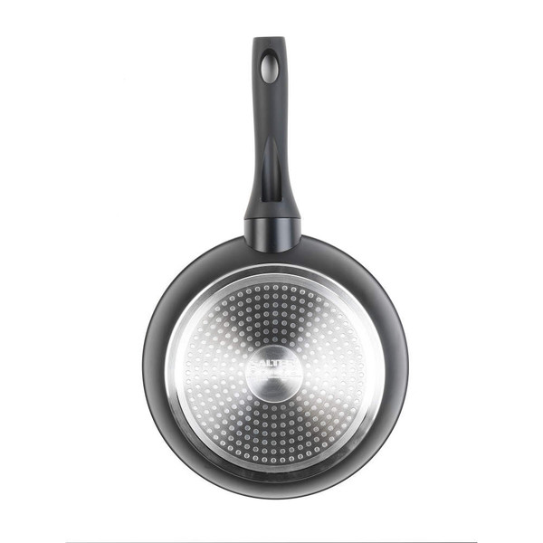 Black non-stick frying pan, viewed from base, showing Salter logo and induction bottom
