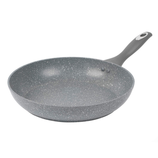 Grey non-stick frying pan with speckled finish, side handle, shown at an angle