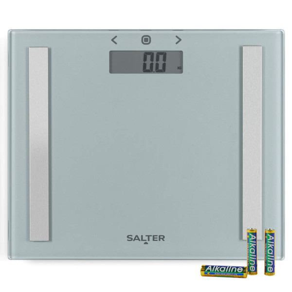 Glass digital bathroom scale with metal strips and batteries included, front view