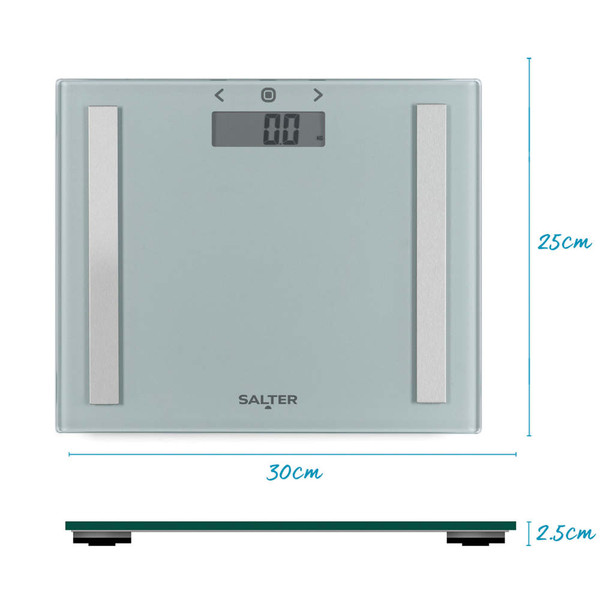 Glass bathroom scale with digital display, silver finish, Salter branding visible.