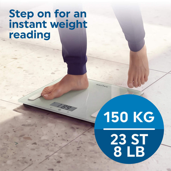 Digital bathroom scale with instant weight reading and 150 kg capacity