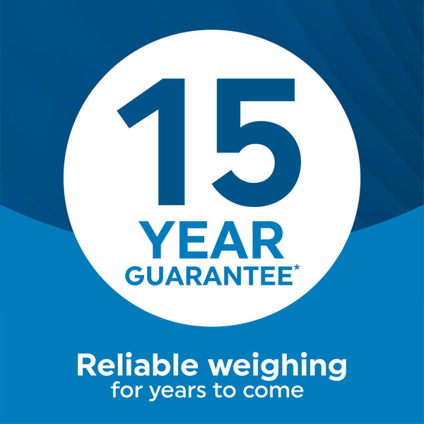 Banner: 15 year guarantee badge with reliable weighing message