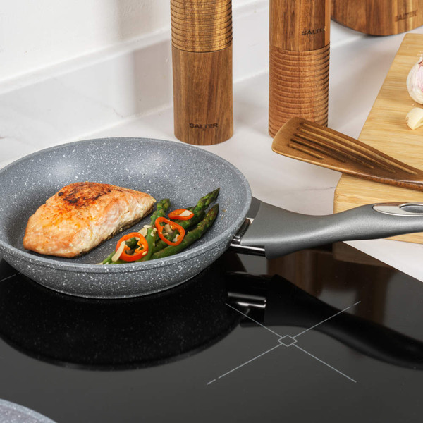 Set of three grey non-stick frying pans with speckled finish, shown side by side.