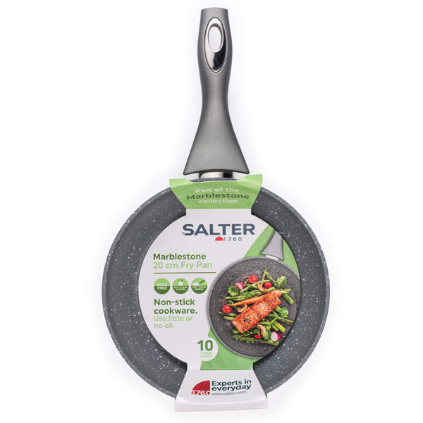 Grey Marblestone 20cm non-stick fry pan by Salter, shown in packaging.