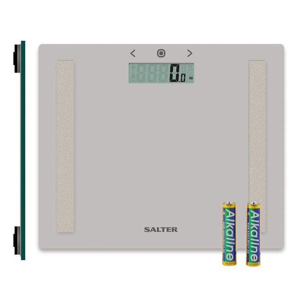Digital bathroom scale in light grey with Salter branding, includes two alkaline batteries.