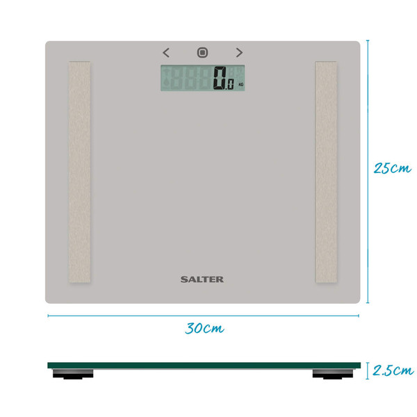 Digital bathroom scale, grey glass, shows front and side with dimensions 30cm x 25cm x 2.5cm