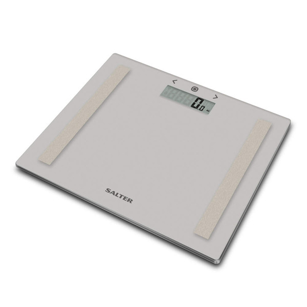 Grey glass bathroom scale with silver metal strips and digital display, angled view
