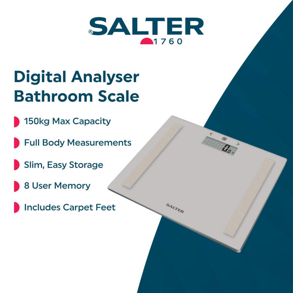 Digital bathroom scale, grey glass, shows display, key features listed, Salter brand.