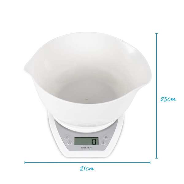 White digital kitchen scale with bowl, showing measurements 25cm and 21cm
