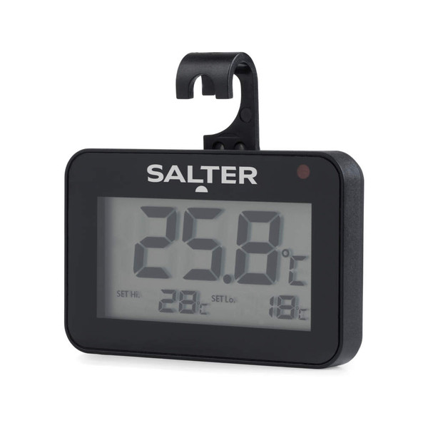 Black digital fridge thermometer with large LCD display, hook hanger, and temperature reading