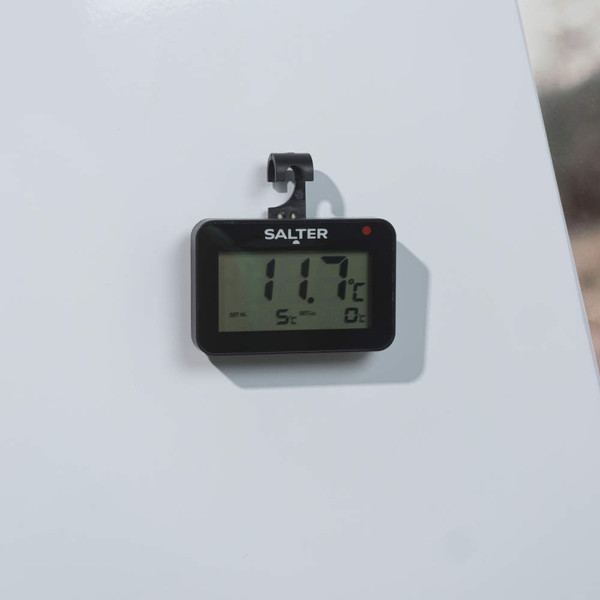 Salter digital fridge thermometer displayed on shelf, showing 5°C