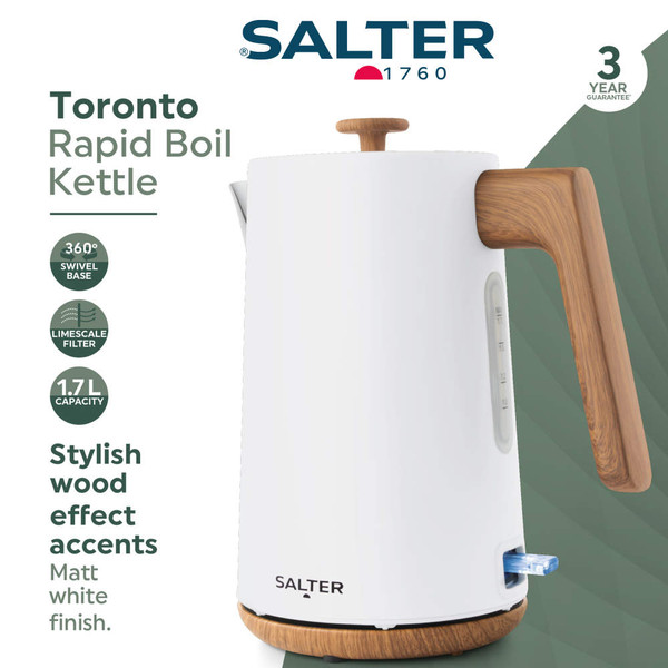 White rapid boil kettle with wood effect handle and base, 1.7L capacity, Salter brand.
