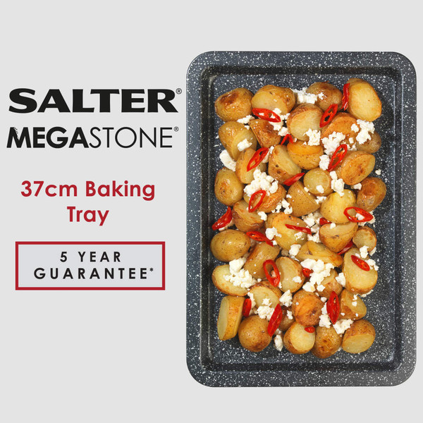 Salter Megastone 37cm baking tray with roasted potatoes, feta and chilli, 5 year guarantee.