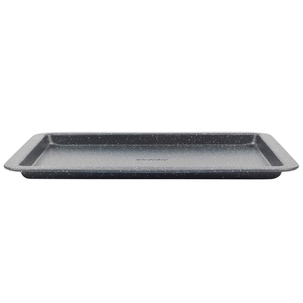 Grey speckled non-stick baking tray, shown on white background