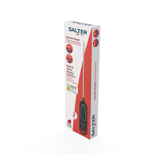 Salter instant read thermometer in retail box, black colour, for kitchen or cooking use.