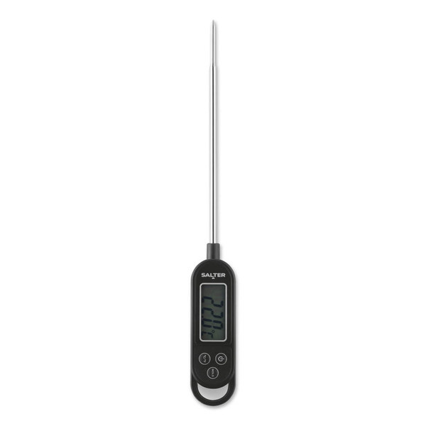 Black digital food thermometer with metal probe and LCD screen, front view