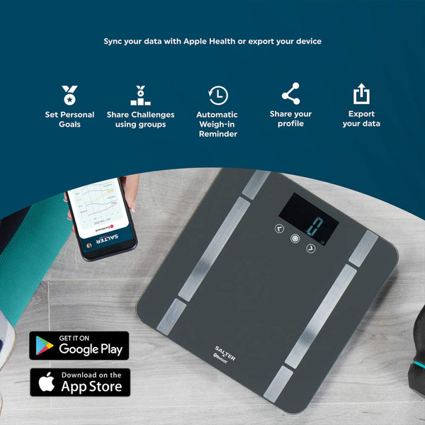 Promotional banner showing Salter Bluetooth smart scale with mobile app sync and app store icons