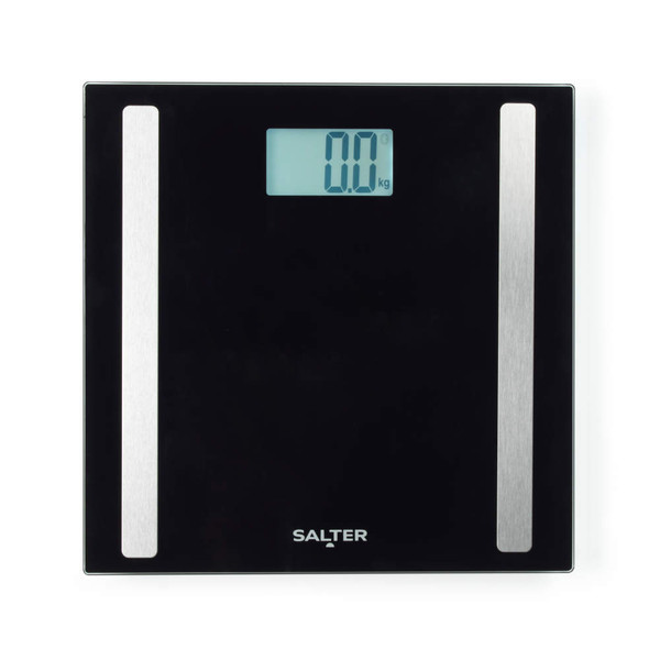 Black digital bathroom scale with silver accents and Salter logo, top view