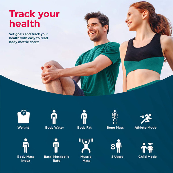 Promotional graphic for a body metrics tracker showing features like weight, body fat, and athlete mode.
