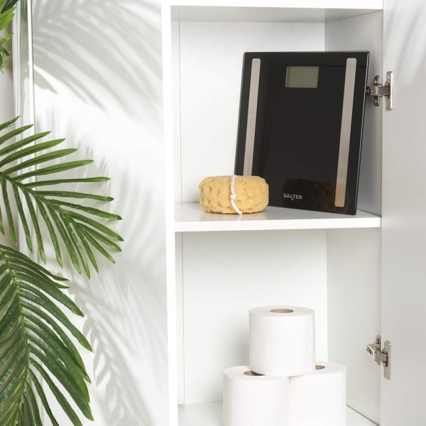 Boxed Salter smart scale in black, Bluetooth enabled, with app shown on packaging.