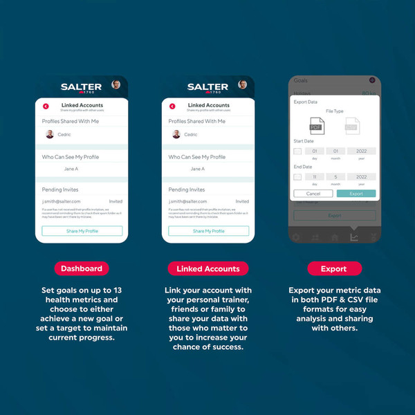 App screenshots showing dashboard, linked accounts, and export options with feature highlights.