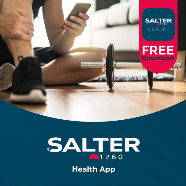 Black digital bathroom scale with silver trims, Salter brand, on tiled floor