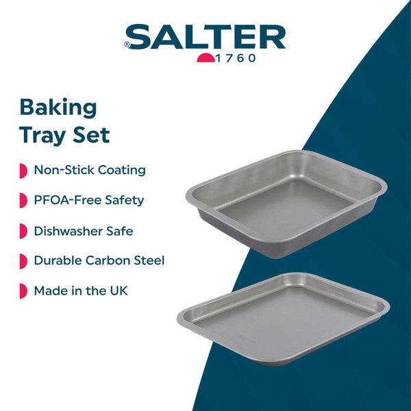 Salter baking tray set with non-stick carbon steel, showing two metal trays.