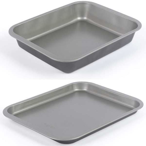 Rectangular non-stick baking tray in grey, shown from two angles