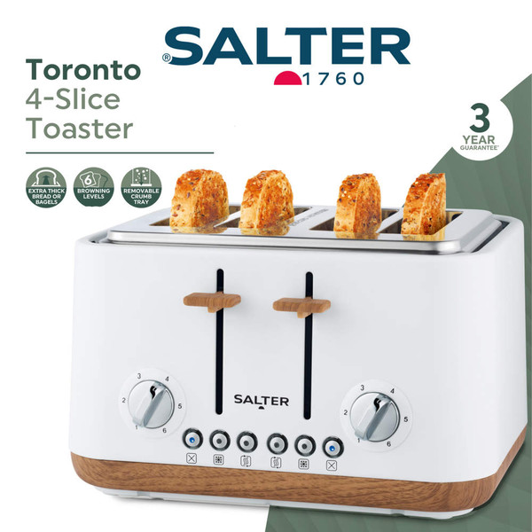 White Salter Toronto 4-slice toaster with wood accents, shown with toast