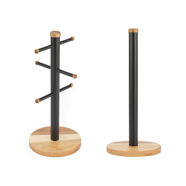 Set of two black and wood kitchen holders shown: mug tree and towel holder.