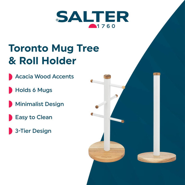 White Salter electric kettle with wooden handle next to cream ceramic mugs on stand