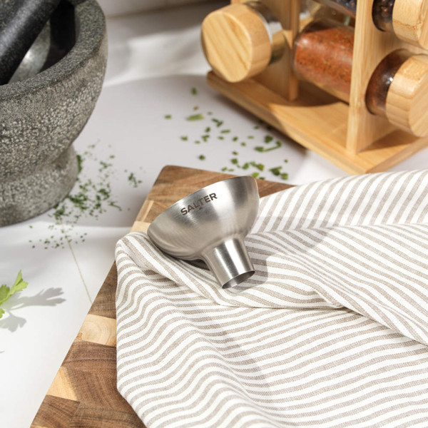 Stainless steel kitchen funnel with Salter logo, shown upright