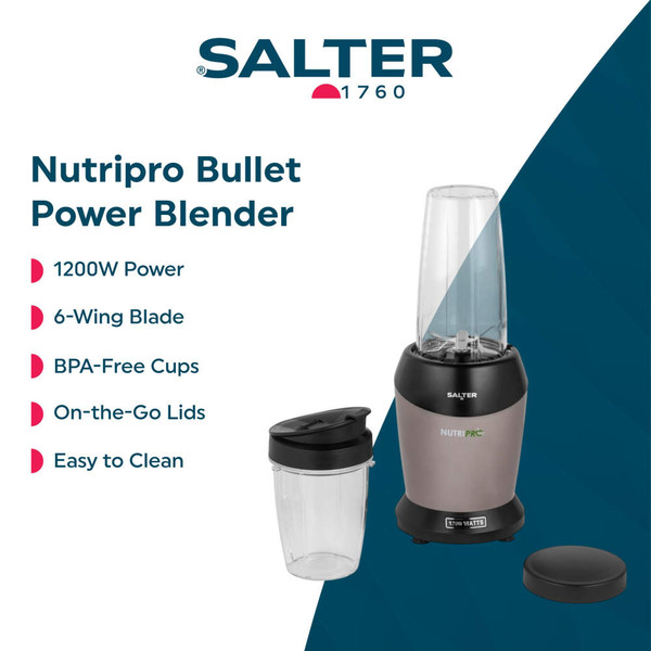 Salter NutriPro bullet blender with 1200W power, 6-wing blade, BPA-free cup, and on-the-go lid.