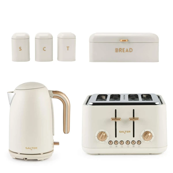 Cream kitchen set with Salter kettle, 4-slice toaster, tea, coffee, sugar jars, and bread bin