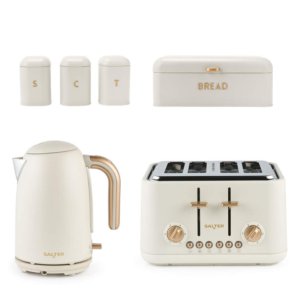 Cream kitchen set with Salter kettle, 4-slice toaster, tea, coffee, sugar jars, and bread bin